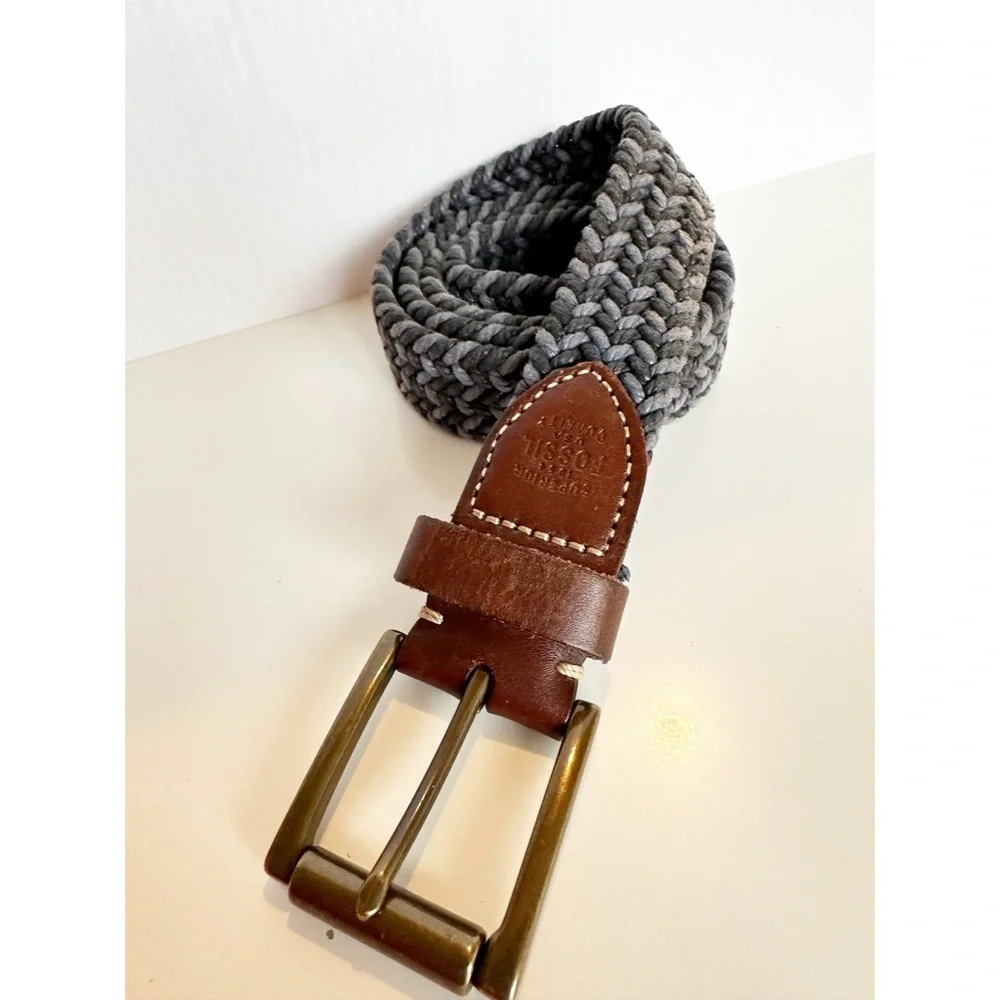Fossil Mens Braided Belt Blue With Brown Leather Accents Size 85/34 Preppy